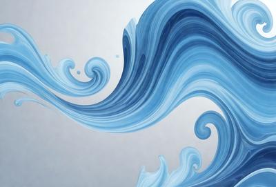 The primary subject of the image is a large, blue wave with white and blue swirls. The wave is depicted in a painting or drawing style, giving it a unique and artistic appearance. The setting is a white background, which provides a clean and uncluttered environment for the wave to be the main focus. The visual style is a combination of digital art and traditional painting, creating a blend of modern and classic techniques. The dominant colors in the image are blue and white, with the blue wave being the most prominent feature,