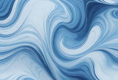 The primary subject of the image is a blue and white painting of a wave. The setting is a blue background, and the visual style appears to be a digital art or illustration. The dominant colors in the painting are blue and white, creating a calming and serene atmosphere.