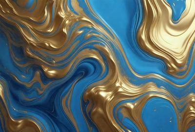 The primary subject of the image is a blue and gold patterned wallpaper. The setting is a room with a blue background. The visual style is a combination of a photo and digital art, creating a unique and intricate design. The dominant colors are blue and gold, giving the wallpaper a luxurious and elegant appearance.