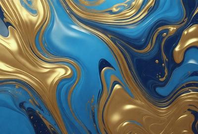 The primary subject of the image is a blue and gold swirling pattern, which appears to be a digital art or illustration. The setting is a blue background, and the visual style is a mix of digital art and gold textures. The dominant colors are blue and gold, creating a vibrant and lively atmosphere.