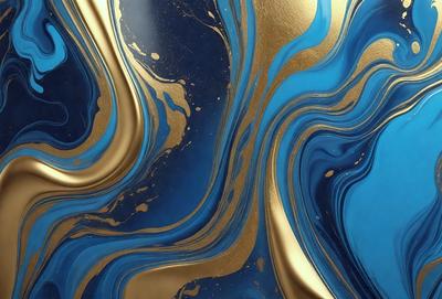 The primary subject of the image is a blue and gold swirling pattern, which appears to be a painting or a digital artwork. The setting is a wall, and the visual style is a combination of photo and digital art. The dominant colors are blue and gold, creating a vibrant and eye-catching atmosphere.