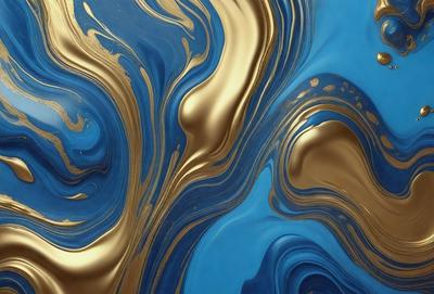 The primary subject of the image is a blue and gold swirl pattern, which appears to be a painting or a digital artwork. The setting is a blue background, and the visual style is a combination of photo and digital art. The dominant colors are blue and gold, creating a vibrant and lively atmosphere.