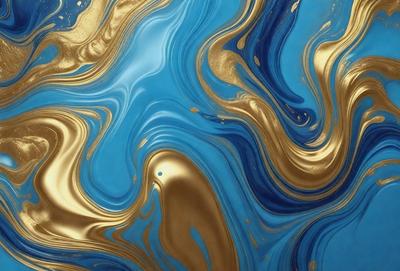 The primary subject of the image is a blue and gold swirling pattern, which appears to be a painting or a digital artwork. The setting is a blue background, and the visual style is a combination of photo and digital art. The dominant colors are blue and gold, creating a vibrant and lively atmosphere.