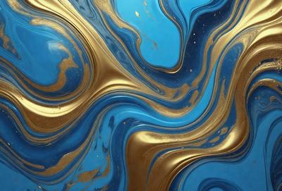 The primary subject of the image is a blue and gold swirling pattern, which appears to be a piece of art or a decorative item. The setting is a blue background, which complements the colors of the swirling pattern. The visual style of the image is a combination of digital art and illustration, creating a unique and eye-catching design. The dominant colors in the image are blue and gold, giving the pattern a vibrant and luxurious appearance.