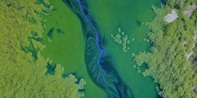 The primary subject of the image is a large body of water, possibly a lake or a river, with a greenish tint. The water appears to be murky and has a flowing motion. The setting is a natural environment, with trees and plants surrounding the water. The visual style of the image is a close-up of the water, showcasing its unique color and texture. The colors and mood of the image are serene and tranquil, with the greenish water and surrounding vegetation creating a peaceful atmosphere