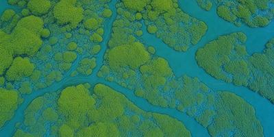 The primary subject of the image is a close-up of a blue, green, and white underwater scene. The setting is an aquatic environment, with a blue water surface and a variety of plants and algae. The visual style is a combination of photo and digital art, creating a vibrant and lively atmosphere. The dominant colors are blue, green, and white, which contribute to the overall mood of the image.