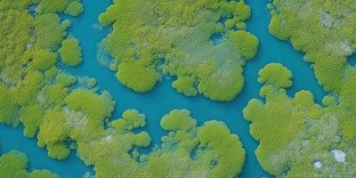 The primary subject of the image is a large, blue, and green plant with a lot of green leaves. The plant is floating on a blue surface, which could be water or a blue background. The visual style of the image is a combination of a photo and digital art, creating a unique and vibrant appearance. The colors and mood of the image are lively and energetic, with the blue and green hues creating a sense of tranquility and natural beauty.