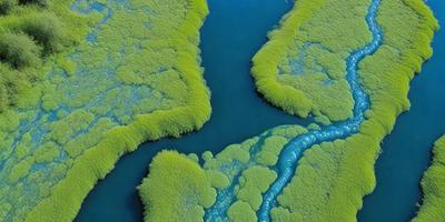 The primary subject of the image is a large, green plant with a blue waterway running through it. The plant is situated in a blue water body, and the waterway appears to be a part of the plant's structure. The setting is a natural environment, with the plant and waterway being the main focus of the image. The visual style is a combination of a photo and digital art, creating a unique and captivating scene. The colors and mood of the image are predominantly blue and green, giving it a ser