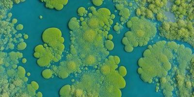 The primary subject of the image is a close-up of a blue surface with numerous green bubbles or mushrooms scattered across it. The setting appears to be a blue ocean or a similar aquatic environment. The visual style of the image is a combination of a photo and a digital art or illustration, creating a unique and intriguing appearance. The dominant colors in the image are blue and green, giving it a calming and serene atmosphere.