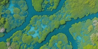 The primary subject of the image is a close-up of a blue and green underwater scene, featuring a variety of plants and coral. The setting is underwater, with the plants and coral forming a vibrant and colorful backdrop. The visual style is a combination of photo and digital art, creating a realistic and detailed representation of the underwater environment. The colors and mood of the image are lively and vibrant, with the blue and green hues evoking a sense of tranquility and beauty
