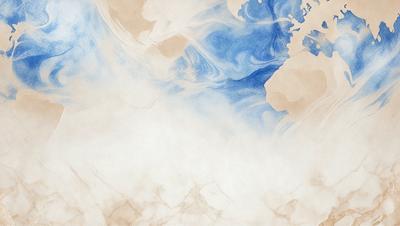 The primary subject of the image is a blue and white painting of a cloudy sky. The setting is a white background, and the visual style appears to be a combination of digital art and illustration. The dominant colors in the painting are blue and white, creating a serene and calming atmosphere.