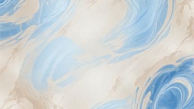 The primary subject of the image is a blue and white swirling pattern, which appears to be a painting or a digital artwork. The setting is a white wall, and the visual style is a combination of painting and digital art. The dominant colors are blue and white, creating a calming and serene atmosphere.