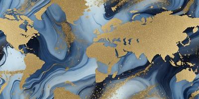 The primary subject of the image is a map of the world, which is covered in gold and blue colors. The setting is a blue and gold marbled surface, giving the image a unique and eye-catching visual style. The colors and mood of the image are vibrant and lively, with the gold and blue colors creating a sense of luxury and sophistication.