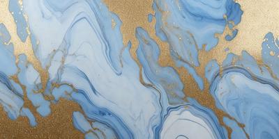 The primary subject of the image is a blue and gold marbled surface, which appears to be a piece of art or a decorative item. The setting is a room with a blue and gold marbled wall, which complements the main subject. The visual style of the image is a close-up of the marbled surface, showcasing its intricate patterns and colors. The dominant colors in the image are blue and gold, creating a luxurious and elegant atmosphere.