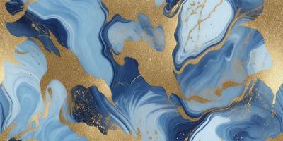 The primary subject of the image is a blue and gold marbled surface, which appears to be a piece of art or a decorative item. The setting is a room with a blue background, and the visual style is a combination of digital art and illustration. The dominant colors are blue and gold, creating a rich and luxurious atmosphere.