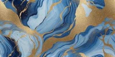 The primary subject of the image is a blue and gold patterned wallpaper. The setting is a room with a blue and gold wallpapered wall. The visual style is a combination of digital art and illustration, creating a unique and eye-catching design. The dominant colors are blue and gold, giving the wallpaper a luxurious and elegant appearance.