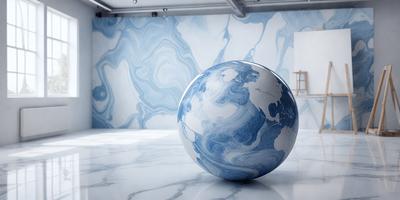 The primary subject of the image is a large, blue, marbled globe. The setting is a white room with a blue and white marbled wall, which creates a striking contrast with the globe. The visual style of the image is a combination of photo and digital art, giving it a unique and artistic appearance. The colors and mood of the image are predominantly blue and white, with a sense of depth and intricacy in the marbled design.