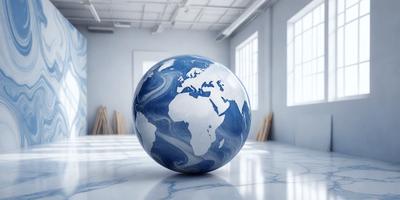 The primary subject of the image is a large, blue, and white globe, which is the main object in the scene. The setting is a white room with a window, and the visual style is a photo. The colors and mood of the image are predominantly white and blue, creating a calm and serene atmosphere.