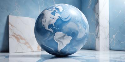 The primary subject of the image is a large, blue, marbled globe. The globe is placed on a table, which serves as the setting for the scene. The visual style of the image is a photo, capturing the intricate details of the globe. The colors and mood of the image are predominantly blue, creating a calm and serene atmosphere.