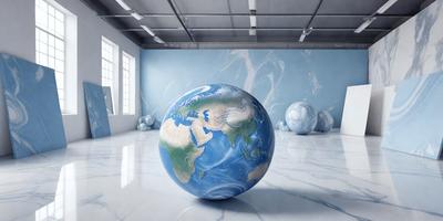 The primary subject of the image is a large, blue, and white globe, which is the main object in the scene. The setting is a white room with a blue wall, and the visual style appears to be a combination of photo and digital art. The colors and mood of the image are predominantly blue and white, creating a calm and serene atmosphere.