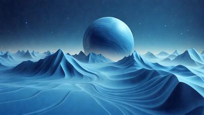 The primary subject of the image is a large blue planet, which is the main focus of the scene. The setting is a vast, blue ocean with a mountain range in the background. The visual style of the image is digital art, as it appears to be a painting or drawing created using digital tools. The dominant colors in the image are blue and white, giving it a serene and calming atmosphere.