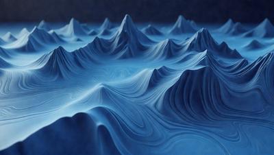 The primary subject of the image is a blue ocean with a mountain range in the background. The setting is a vast body of water with a mountain range in the distance. The visual style is a digital art or illustration, creating a sense of depth and dimension. The colors and mood are predominantly blue, creating a serene and calming atmosphere.