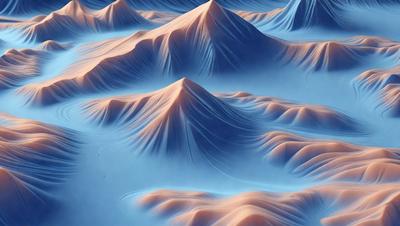 The primary subject of the image is a mountainous landscape, featuring a series of peaks and valleys. The setting is a blue surface, which could be a digital art or illustration. The visual style is a combination of photo and digital art, creating a unique and intriguing scene. The colors and mood of the image are predominantly blue, giving it a calm and serene atmosphere.
