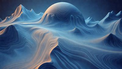 The primary subject of the image is a large, blue, swirling, and curved structure, which appears to be a sculpture or a piece of art. The setting is a blue background, which complements the artwork and adds to the visual appeal. The visual style of the image is digital art, as it is a computer-generated or digitally rendered piece. The colors and mood of the image are predominantly blue, creating a sense of calmness and tranquility.
