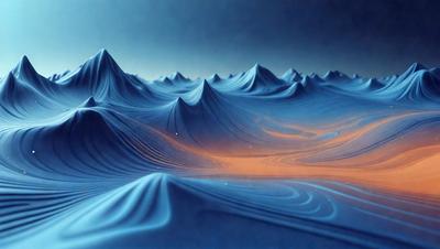 The primary subject of the image is a mountain range, with a blue color scheme. The setting is a vast, open space with a blue sky in the background. The visual style is a digital art or illustration, creating a sense of depth and intricacy in the mountain range. The colors and mood convey a sense of serenity and grandeur, as the mountains stretch across the landscape.