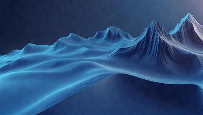 The primary subject of the image is a mountain range, which is depicted in a digital art style. The mountain range is set against a dark blue sky, creating a dramatic and moody atmosphere. The visual style of the image is a combination of digital art and illustration, giving it a unique and artistic appearance. The dominant colors in the image are blue and black, which contribute to the overall mood and aesthetic of the scene.