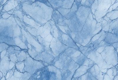 The primary subject of the image is a blue marble wall with a pattern of white and blue veins. The setting is a room with a blue marble floor. The visual style is a close-up of the marble wall, showcasing the intricate vein patterns. The colors and mood of the image are predominantly blue, creating a serene and calming atmosphere.