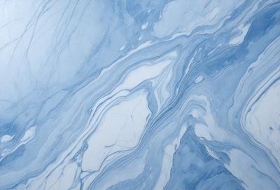 The primary subject of the image is a blue and white marbled surface, which appears to be a painting or drawing. The setting is a white background, and the visual style is a combination of digital art and illustration. The dominant colors are blue and white, creating a calm and serene atmosphere.