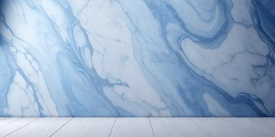 The primary subject of the image is a blue marble wall with a patterned design. The setting is a room with a white floor, and the visual style is a photo. The dominant colors are blue and white, creating a calm and serene atmosphere.