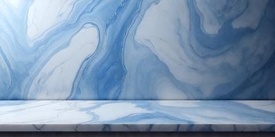 The primary subject of the image is a marble countertop with a blue and white marble pattern. The setting is a kitchen or bathroom, as the countertop is placed against a wall. The visual style is a close-up of the marble countertop, showcasing its intricate design. The colors and mood of the image are predominantly blue and white, creating a clean and elegant atmosphere.