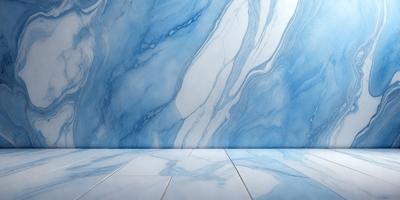 The primary subject of the image is a blue marble tile wall. The setting is a room with a blue marble floor. The visual style is a photo of the blue marble tile wall. The dominant colors are blue and white, creating a calm and serene atmosphere.