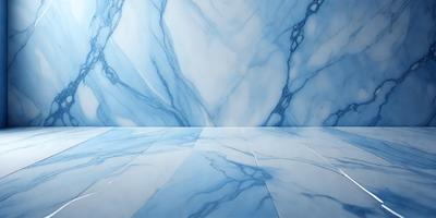 The primary subject of the image is a blue marble tile floor. The setting is a bathroom, with the floor being the main focus of the scene. The visual style is a photo, capturing the blue marble tiles in detail. The colors and mood of the image are predominantly blue, creating a calm and serene atmosphere.