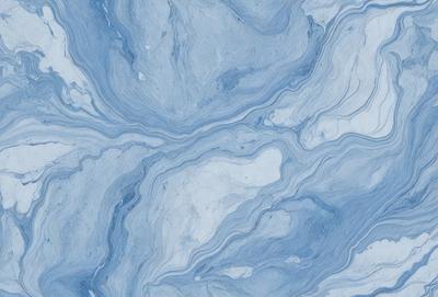 The primary subject of the image is a blue and white marble tile. The setting is a wall with the tile covering it. The visual style is a close-up of the tile, showcasing its intricate design. The dominant colors are blue and white, creating a calm and serene atmosphere.