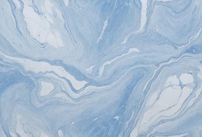 The primary subject of the image is a blue and white marbled tile. The setting is a bathroom, as indicated by the presence of the marbled tile. The visual style is a close-up of the tile, showcasing its intricate design. The dominant colors are blue and white, creating a calm and soothing atmosphere.