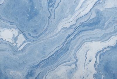 The primary subject of the image is a blue and white marbled tile. The setting is a bathroom, as indicated by the presence of the marbled tile. The visual style is a close-up of the tile, showcasing its intricate design. The dominant colors are blue and white, creating a calm and soothing atmosphere.