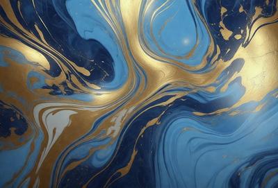 The primary subject of the image is a blue and gold swirling pattern, which appears to be a decorative design or a piece of art. The setting is a blue surface, possibly a wall or a table, with the pattern as the main focus. The visual style of the image is a combination of digital art and illustration, creating a unique and eye-catching design. The dominant colors in the image are blue and gold, giving the pattern a rich and luxurious appearance.