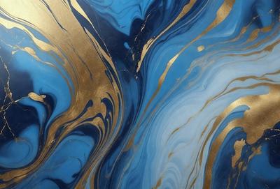 The primary subject of the image is a blue and gold swirling pattern, which appears to be a painting or a digital artwork. The setting is a wall, and the visual style is a mix of photo and digital art. The dominant colors are blue and gold, creating a vibrant and lively atmosphere.
