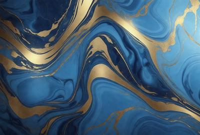 The primary subject of the image is a blue and gold swirling pattern, which appears to be a painting or a digital artwork. The setting is a wall, and the visual style is a combination of photo and digital art. The dominant colors are blue and gold, creating a vibrant and eye-catching atmosphere.