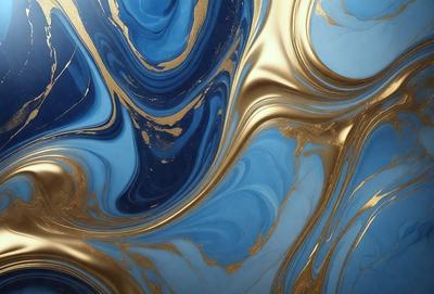 The primary subject of the image is a blue and gold swirling pattern, which appears to be a painting or a digital artwork. The setting is a blue background, and the visual style is a combination of photo and digital art. The dominant colors are blue and gold, creating a vibrant and lively atmosphere.
