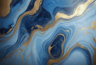 The primary subject of the image is a blue and gold marble tile. The setting is a wall with the tile as the main focus. The visual style is a close-up of the tile, showcasing its intricate design. The dominant colors are blue and gold, creating a luxurious and elegant atmosphere.