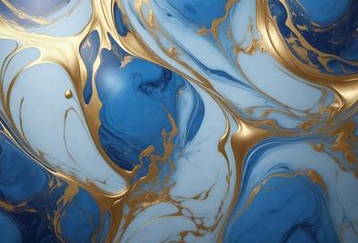 The primary subject of the image is a blue and gold swirling pattern, which appears to be a painting or a digital artwork. The setting is a blue background, and the visual style is a combination of photo and digital art. The colors and mood of the image are vibrant and lively, with the blue and gold colors creating a sense of depth and movement.