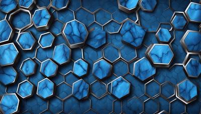The primary subject of the image is a blue and black patterned surface, which appears to be a textured wall or a blue and black hexagonal pattern. The setting is a close-up of the pattern, showcasing the intricate details of the design. The visual style is a combination of digital art and illustration, creating a unique and captivating image. The dominant colors are blue and black, giving the scene a modern and sophisticated atmosphere.