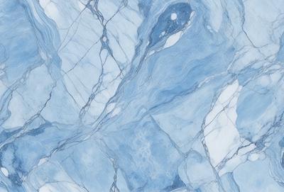 The primary subject of the image is a blue and white marble tile. The setting is a bathroom, as indicated by the presence of a sink. The visual style is a close-up of the tile, showcasing its intricate design. The dominant colors are blue and white, creating a calm and soothing atmosphere.