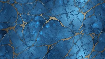 The primary subject of the image is a blue and gold marbled wallpaper. The setting is a room with a blue and gold marbled wallpaper. The visual style is a close-up of the wallpaper, showcasing its intricate design. The colors and mood of the image are predominantly blue and gold, creating a warm and elegant atmosphere.