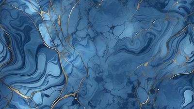 The primary subject of the image is a blue and gold marbled wall. The setting is a room with a blue and gold marbled wall as the main focus. The visual style is a close-up of the marbled wall, showcasing its intricate patterns and textures. The colors and mood of the image are predominantly blue and gold, creating a warm and elegant atmosphere.