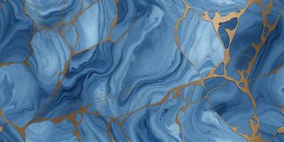 The primary subject of the image is a blue and gold marbled wall. The setting is a room with a blue and gold marbled wall, which serves as the background. The visual style is a close-up of the marbled wall, showcasing its intricate patterns. The dominant colors are blue and gold, creating a luxurious and elegant atmosphere.
